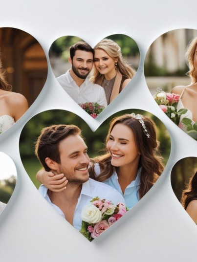 create an image in which 57mmx54mm heart shape in heart shape couple photos image should content 5 images